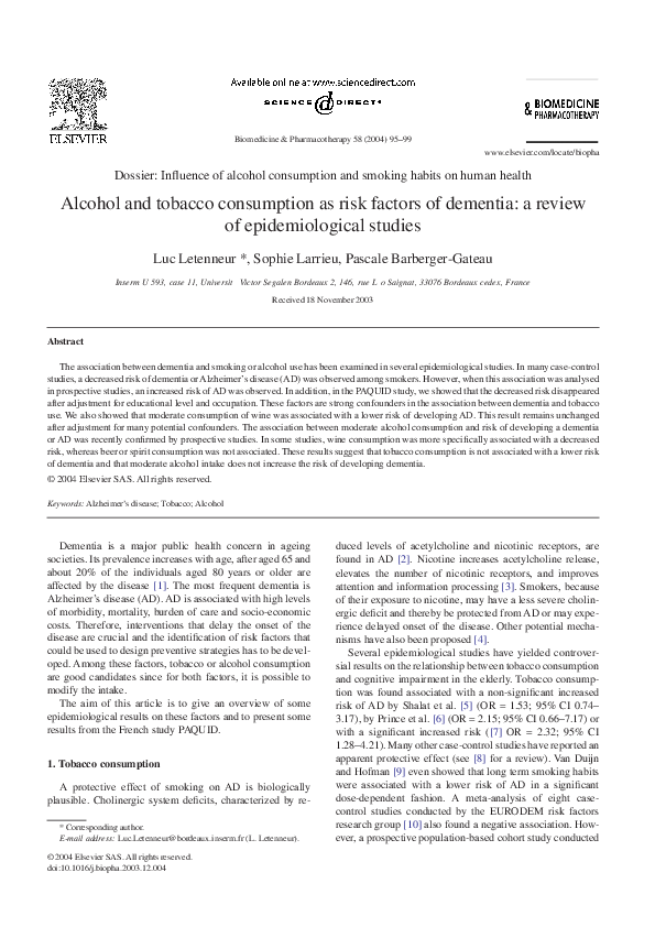 (PDF) Alcohol and tobacco consumption as risk factors of dementia: a ...