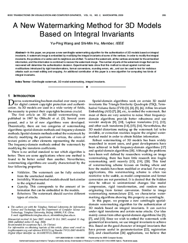 (PDF) A New Watermarking Method for 3D Models Based on Integral Invariants