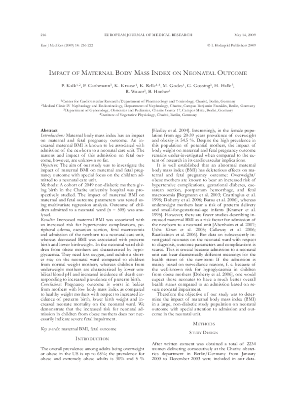 (PDF) Impact of maternal body mass index on neonatal outcome