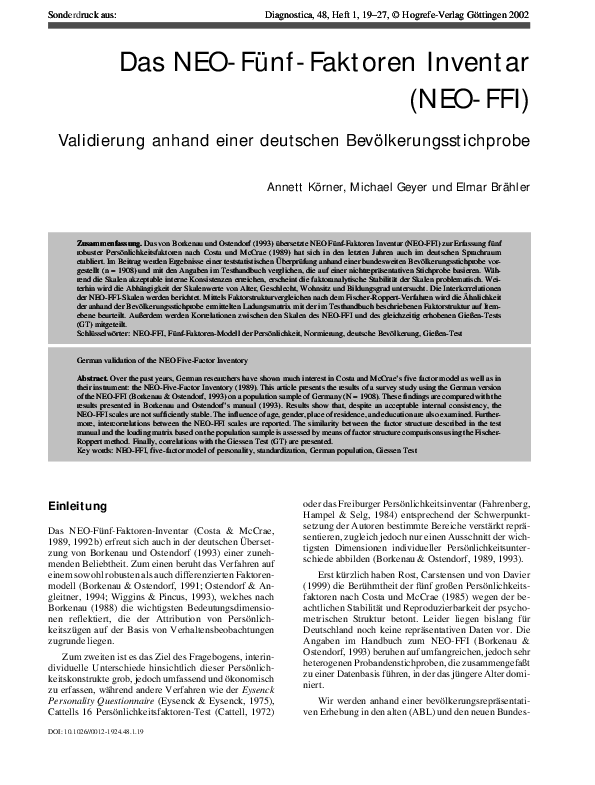 Pdf Das Neo Funf Faktoren Inventar Neo Ffi Validierung Anhand Einer Deutschen Bevolkerungsstichprobe Elmar Brahler Academia Edu