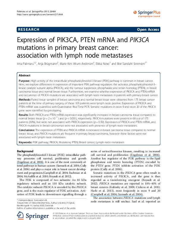 (PDF) Expression of PIK3CA, PTEN mRNA and PIK3CA mutations in primary ...