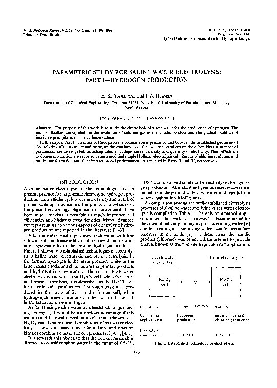 (PDF) Hydrogen Production by The Electrolysis of Saline Water