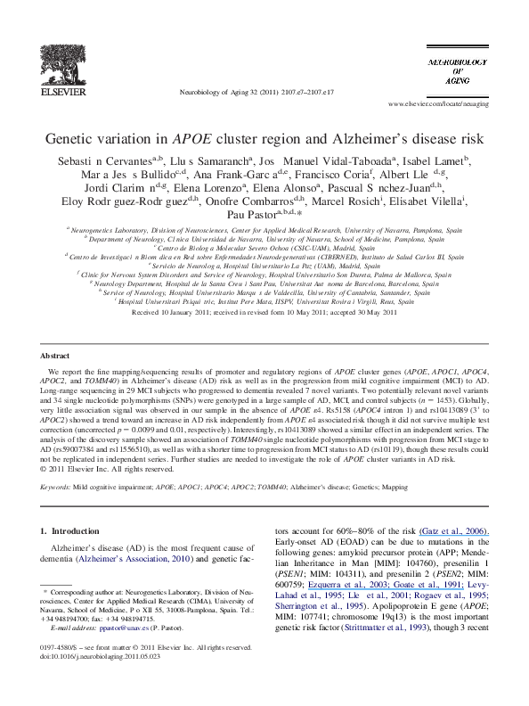 (PDF) Genetic variation in APOE cluster region and Alzheimer's disease risk