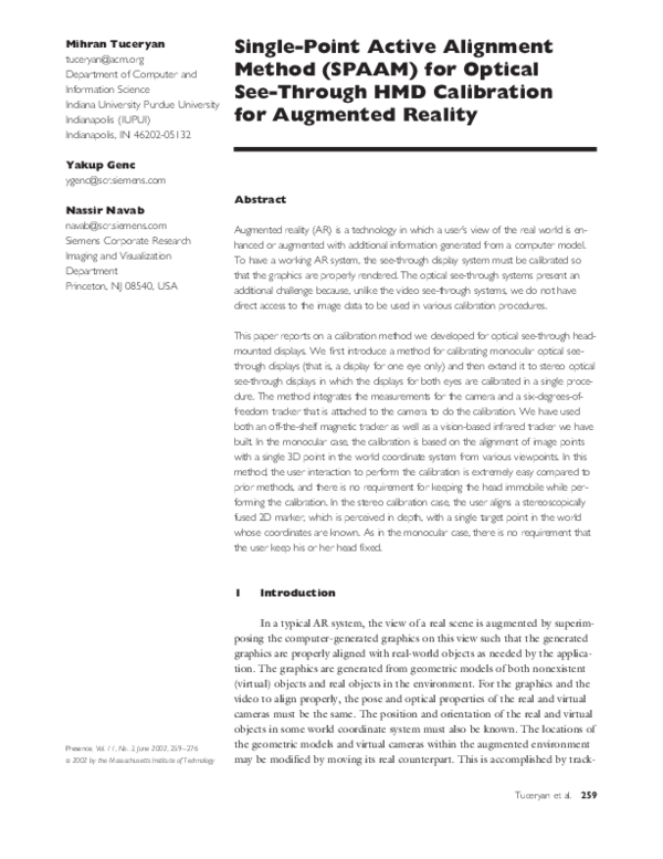 (PDF) Single-Point Active Alignment Method (SPAAM) for Optical See ...