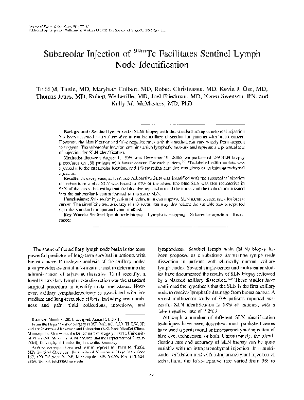 (PDF) Subareolar injection of99mTc facilitates sentinel lymph node ...