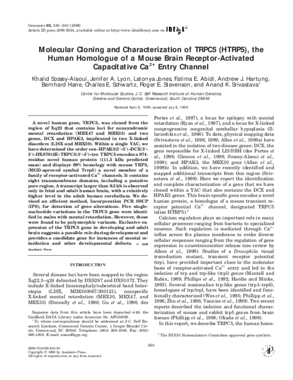 (PDF) Molecular Cloning and Characterization of TRPC5 (HTRP5), the ...