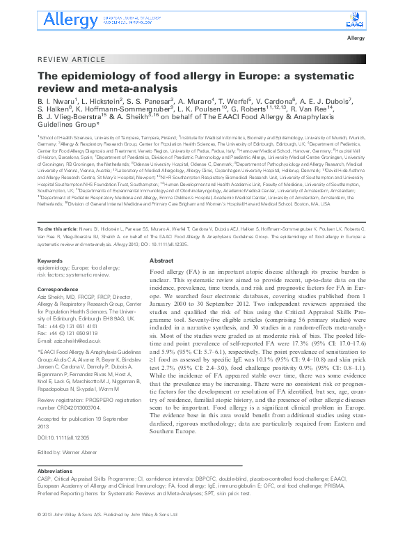 (PDF) The epidemiology of food allergy in Europe a systematic review