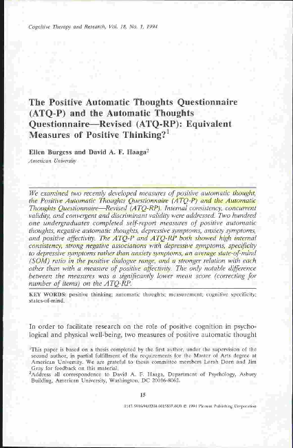 (PDF) The positive automatic thoughts questionnaire (ATQ-P) and the ...