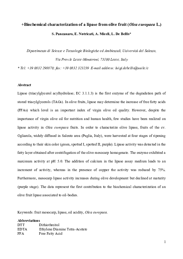 (PDF) Biochemical characterization of a lipase from olive fruit (Olea ...