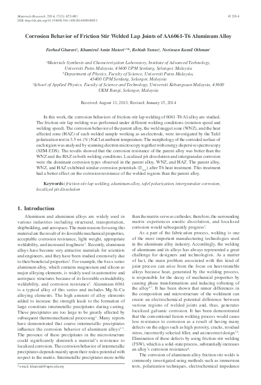(PDF) Corrosion behavior of friction stir welded lap joints of AA6061 ...