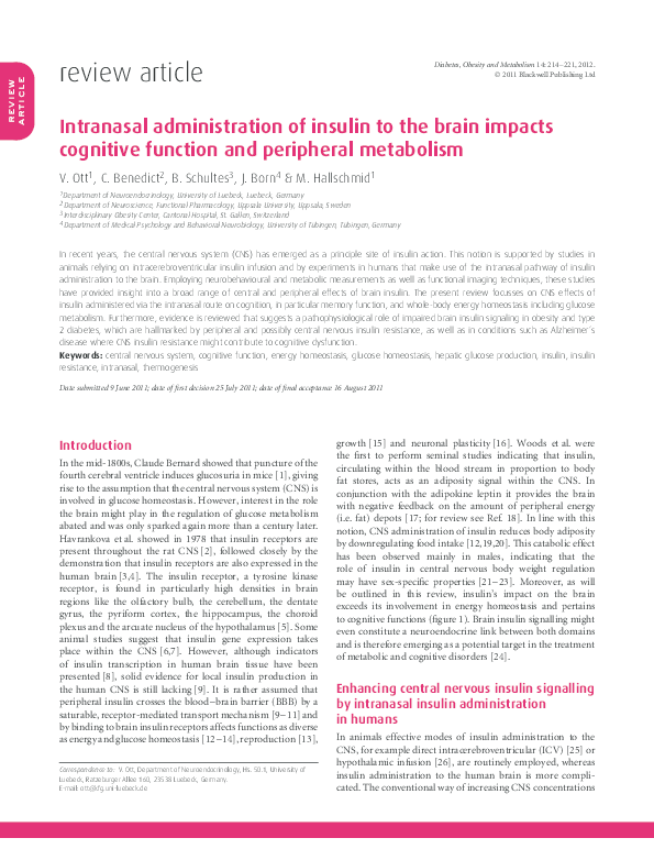 (PDF) Intranasal administration of insulin to the brain impacts ...