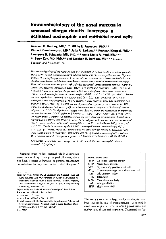 (PDF) Immunohistology of the nasal mucosa in seasonal allergic rhinitis