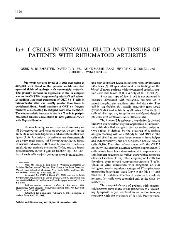 (PDF) Ia+ T Cells in Synovial Fluid And Tissues of Patients with ...
