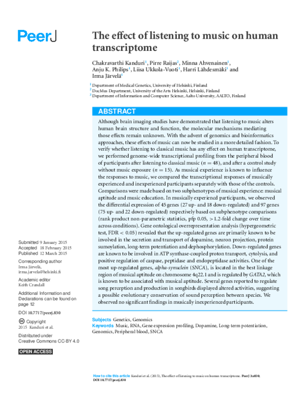 (PDF) The effect of listening to music on human transcriptome