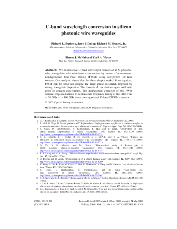 (PDF) C-band wavelength conversion in silicon photonic wire waveguides ...