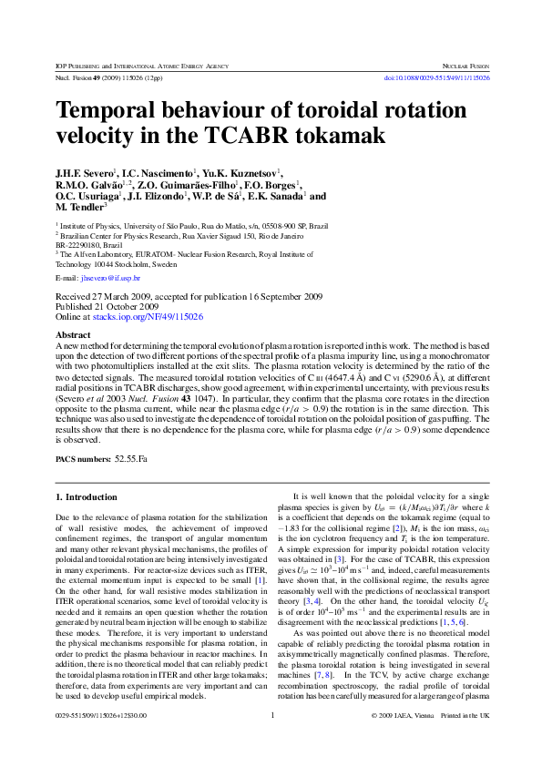 (PDF) Temporal behaviour of toroidal rotation velocity in the TCABR tokamak