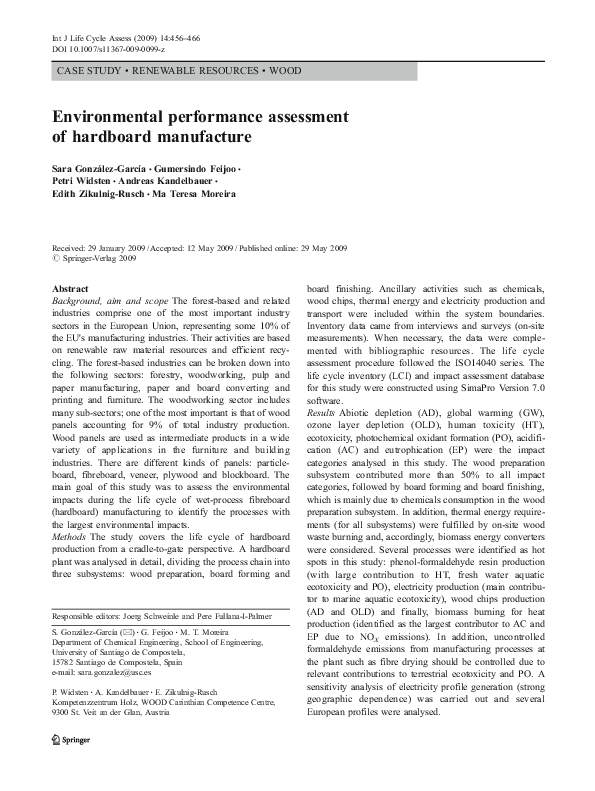 (PDF) Environmental performance assessment of hardboard manufacture