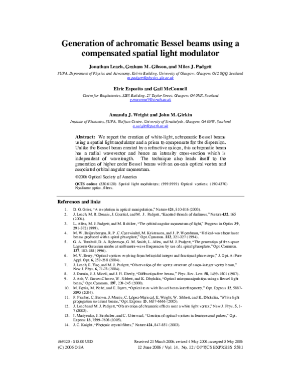 (PDF) Generation of achromatic Bessel beams using a compensated spatial ...