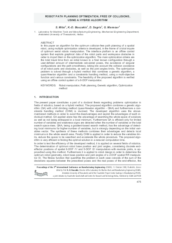(PDF) Robot Path Planning Optimization, Free of Collisions, Using a ...