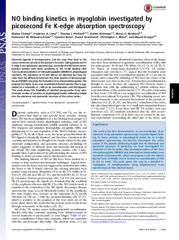 (PDF) NO binding in myoglobin investigated by picosecond Fe K