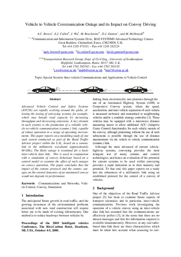 (PDF) Vehicle to vehicle communication outage and its impact on convoy ...