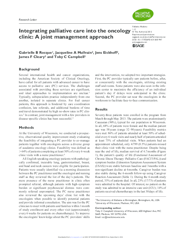 (PDF) Integrating palliative care into the oncology clinic: A joint ...