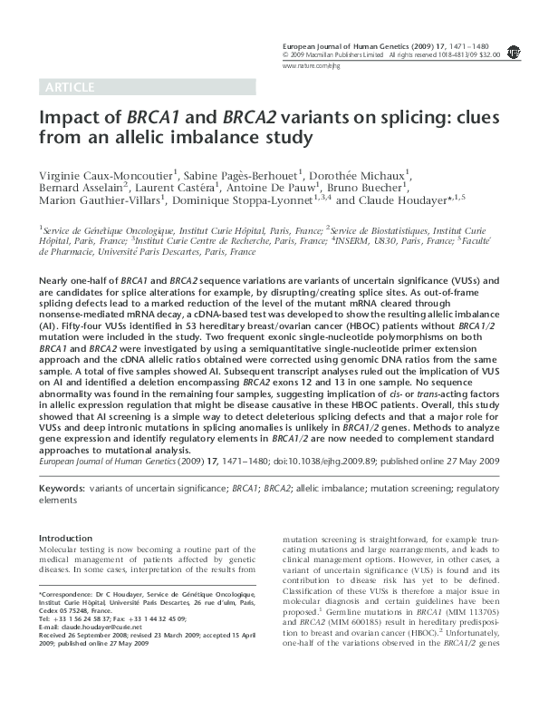 (PDF) Impact of BRCA1 and BRCA2 variants on splicing: clues from an ...