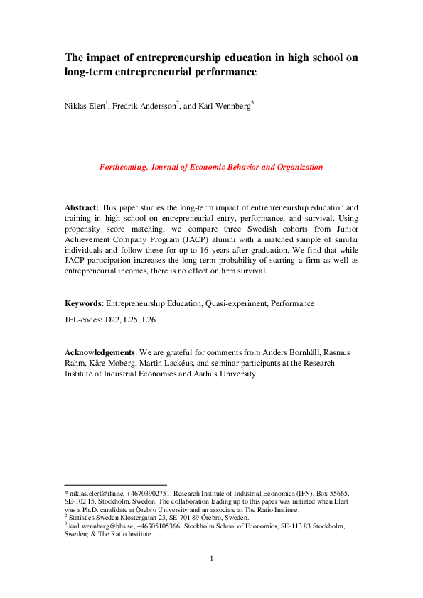(PDF) The impact of entrepreneurship education in high school on long ...