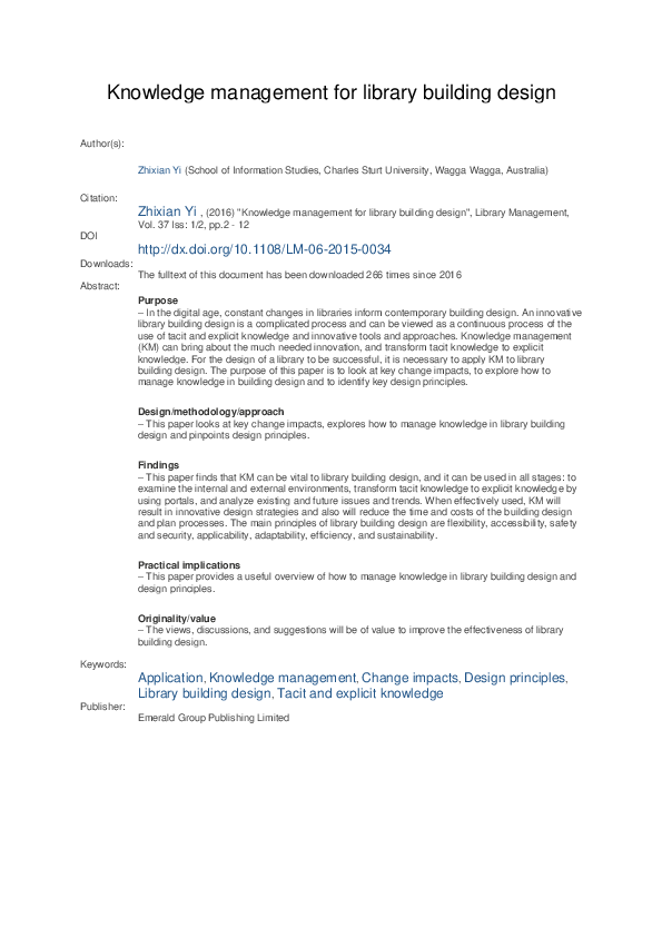 (PDF) Knowledge management for library building design
