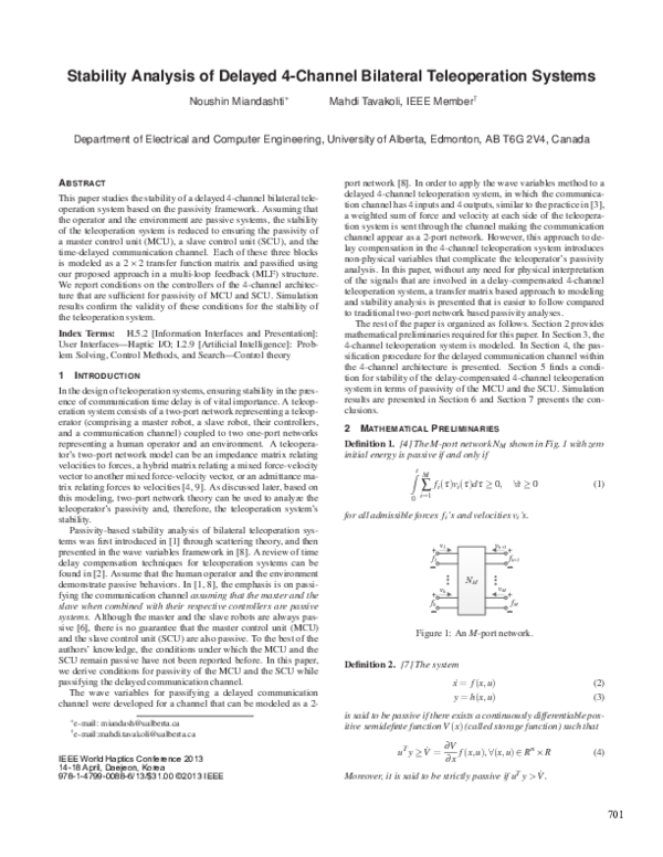 (PDF) Stability analysis of delayed 4-channel bilateral teleoperation ...
