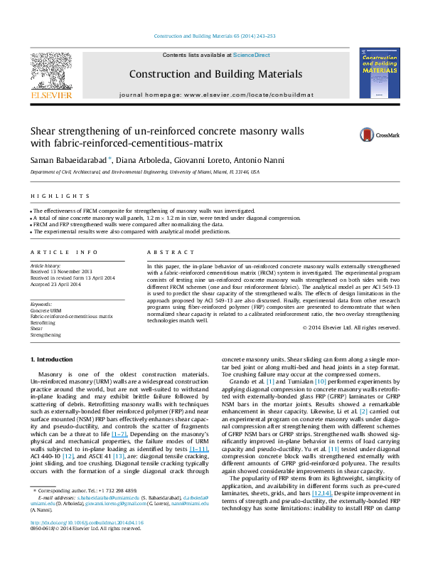 (PDF) Shear strengthening of un-reinforced concrete masonry walls with ...