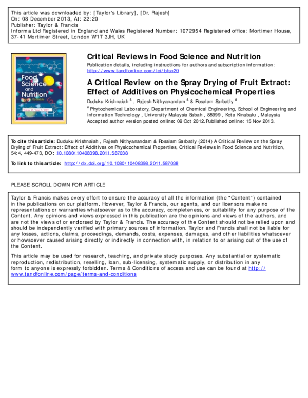 (PDF) A Critical Review on the Spray Drying of Fruit Extract: Effect of ...