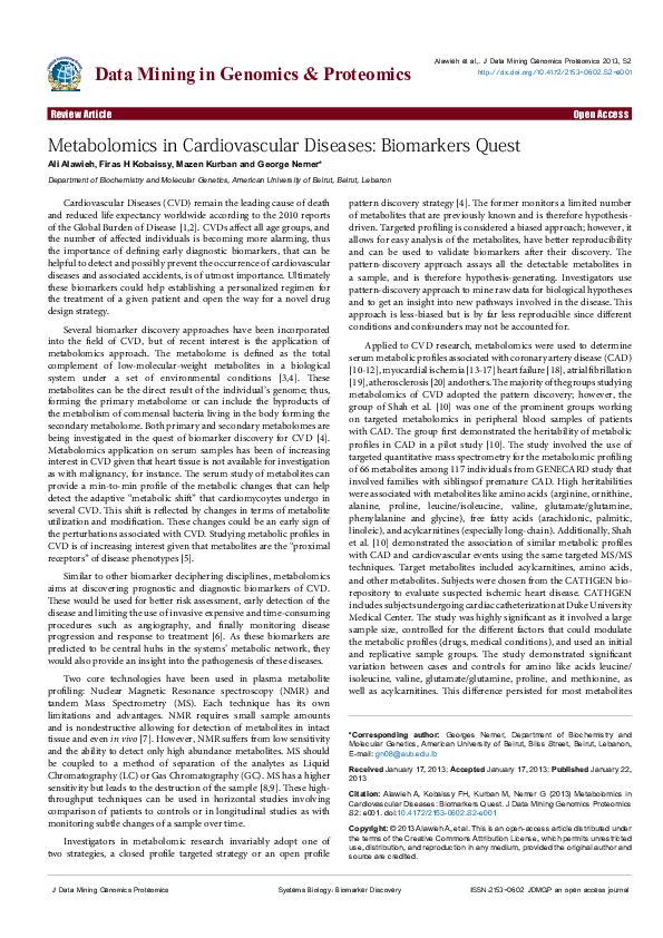 (PDF) Metabolomics in Cardiovascular Diseases: Biomarkers Quest