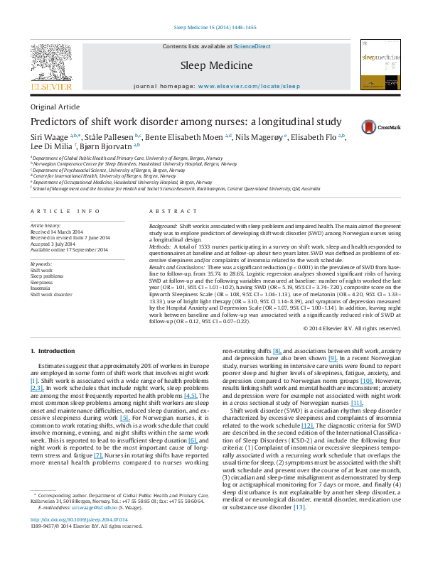 (PDF) Predictors of shift work disorder among nurses: a longitudinal study