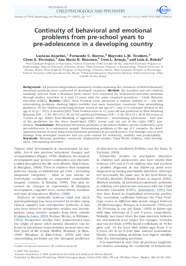 (PDF) Continuity of behavioral and emotional problems from pre-school ...