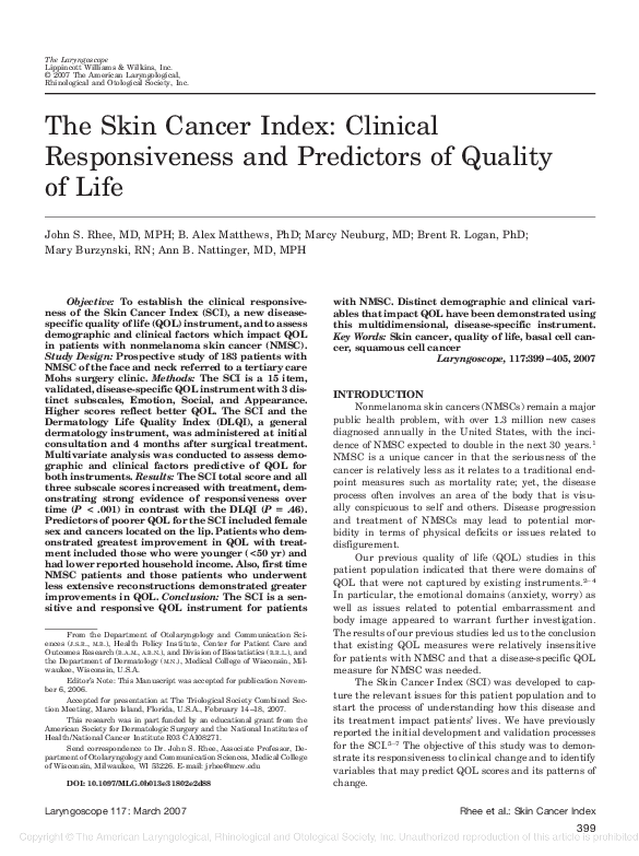 (PDF) The Skin Cancer Index: Clinical Responsiveness and Predictors of ...
