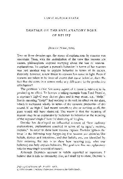(PDF) Dretske on the explanatory role of belief