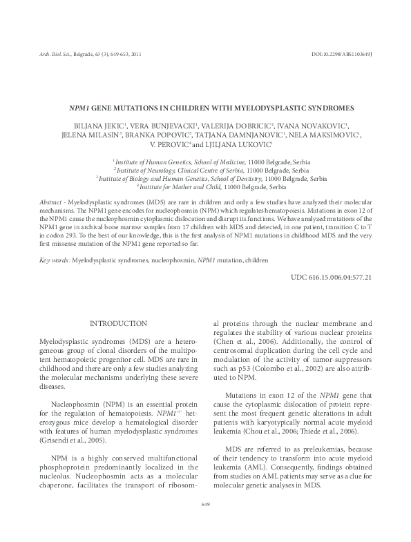 (PDF) NPM1 gene mutations in children with Myelodysplastic syndromes