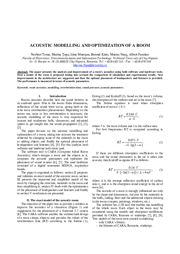 (PDF) Acoustic Modelling and Optimization of a Room