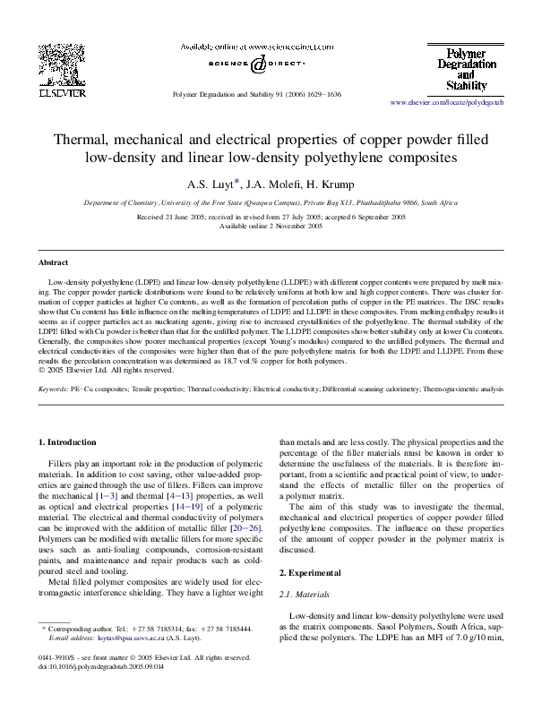 (PDF) Thermal, mechanical and electrical properties of copper powder filled lowdensity and