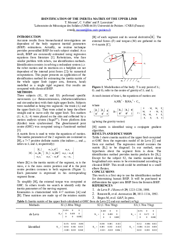 (PDF) Identification of the Inertia Matrix of the Upper Limb