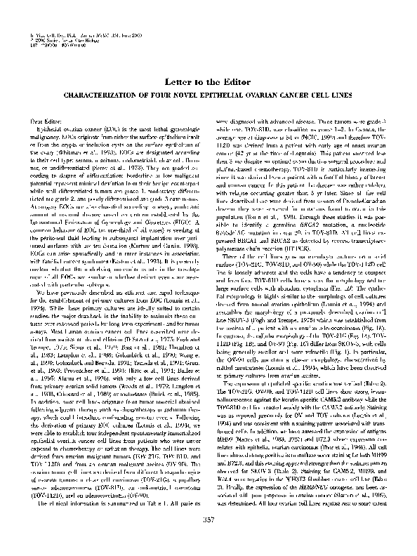 (PDF) CHARACTERIZATION OF FOUR NOVEL EPITHELIAL OVARIAN CANCER CELL LINES