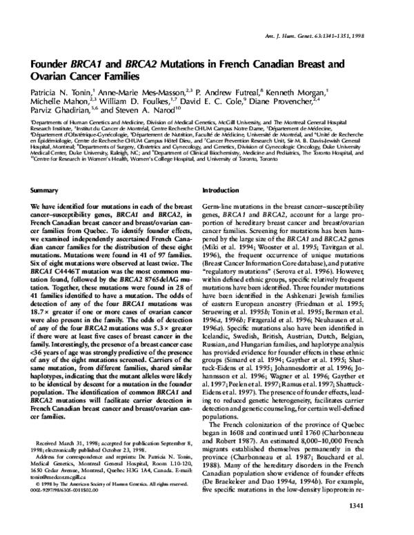 (PDF) Founder BRCA1 and BRCA2 Mutations in French Canadian Breast and ...