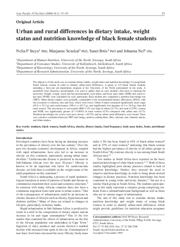 (PDF) Urban and rural differences in dietary intake, weight status and ...