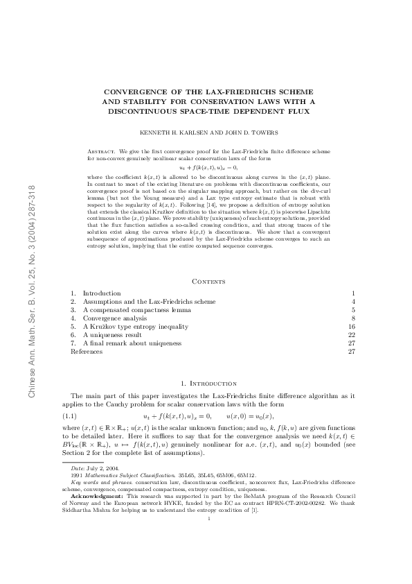 (PDF) CONVERGENCE OF THE LAX-FRIEDRICHS SCHEME AND STABILITY FOR ...
