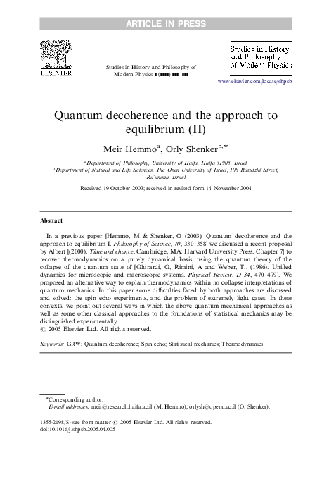 (PDF) Quantum decoherence and the approach to equilibrium (II