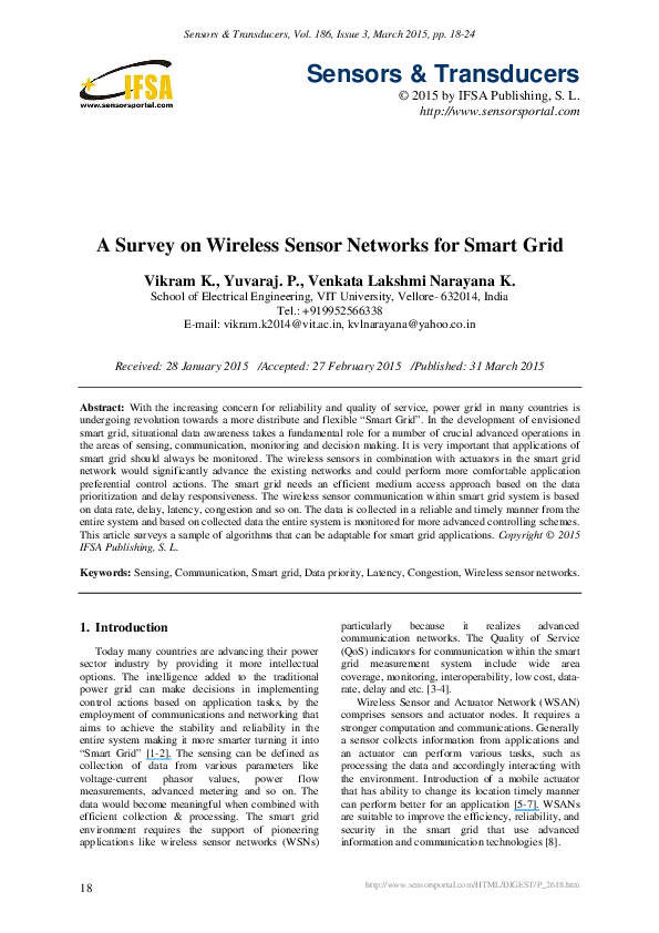 (PDF) A survey on wireless sensor networks for smart grid
