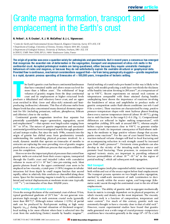 (PDF) Granite magma formation, transport and emplacement in the Earth's ...