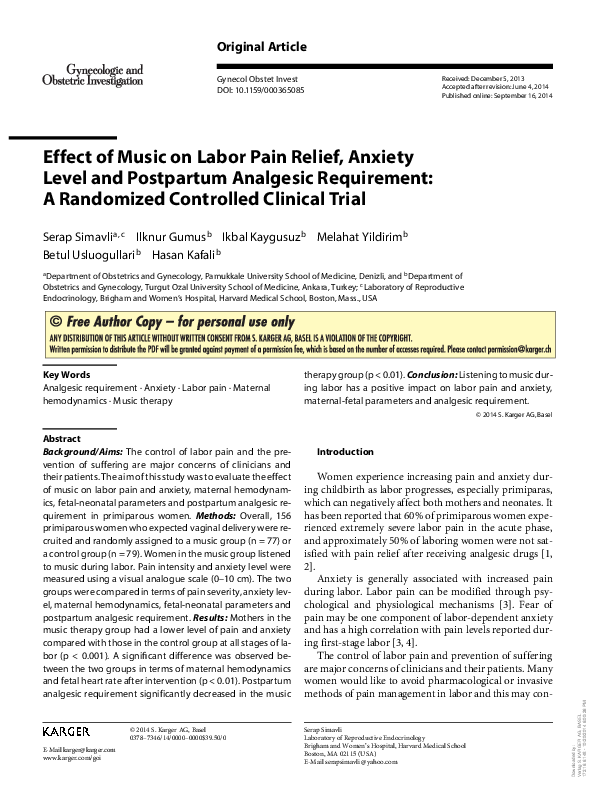 (PDF) Effect of Music on Labor Pain Relief, Anxiety Level and ...