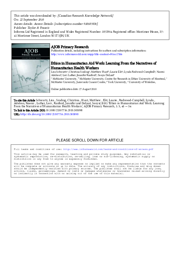 (PDF) Ethics in Humanitarian Aid Work Learning From the Narratives of